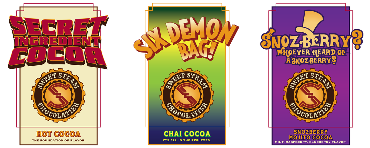 Our New Instant Hot Cocoa Flavors. 1: Secret Ingredient Cocoa - Classic Hot Cocoa - The Foundation of Flavor |  2. Six Demon Bag - Chai Cocoa - It's All In The Reflexes | 3. Snozberry Mojito - Mint, Raspberry, Blueberry, Lime - Whoever Heard of a Snozberry?